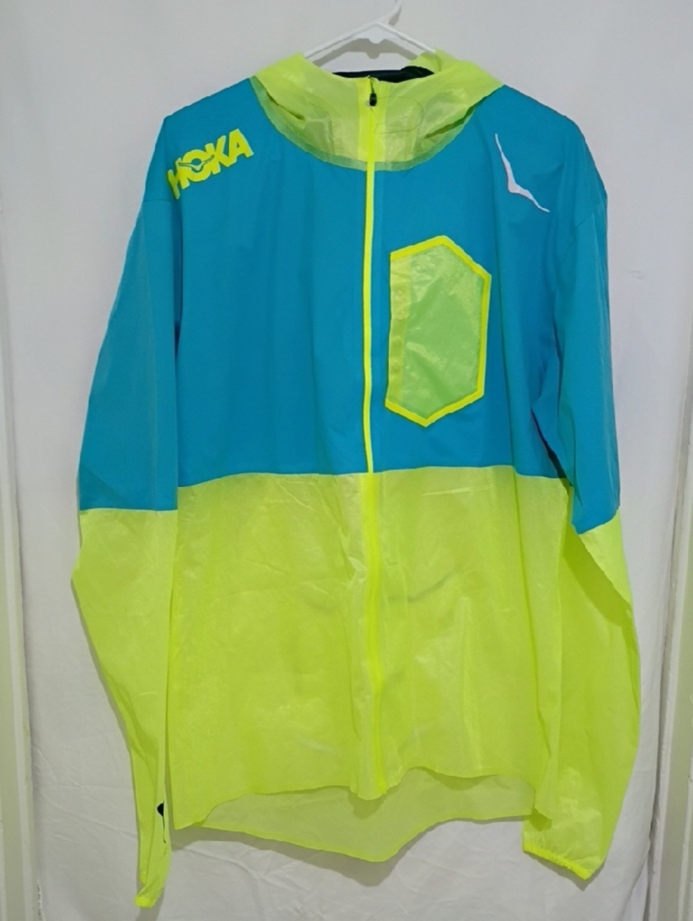 Hoka Blue and Neon Yellow Packable Running Jacket